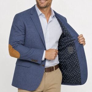 H&M Wool Blend Blazer Mens 48R Blue Elbow Patch Sport Coat Slim Fit 48 Regular